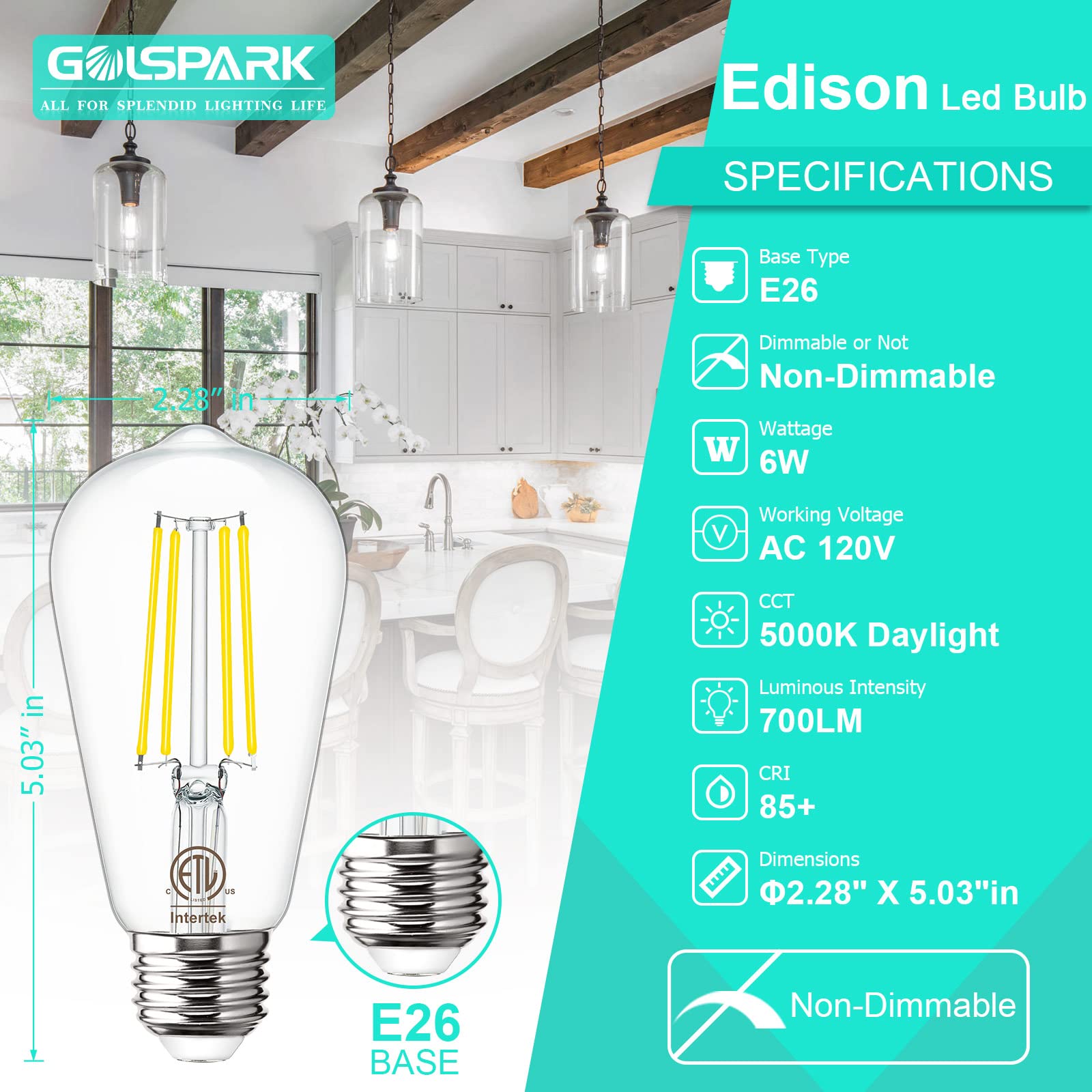 E26 LED Light Bulb E26 Standard Base, Golspark 6W 5000K Daylight